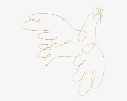 Minimalistisk stregtegning af en fugl, lavet med én sammenhængende linje. Konturen er fremhævet med et diskret guld- og hvidt mønster, hvilket giver et elegant og let udtryk. Fuglen er vist i flugt med udbredte vinger og en lille gren eller blad i næbbet.