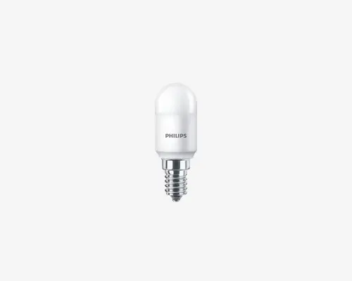 Kompakt LED-pære med cylindrisk form og mat hvid overflade for blødt, diffust lys. Har en lille skruefatning (E14) i metallisk sølvfarve. Mærket 'PHILIPS' er trykt på siden af pæren. Designet er moderne og minimalistisk, velegnet til små lamper eller dekorativ belysning.