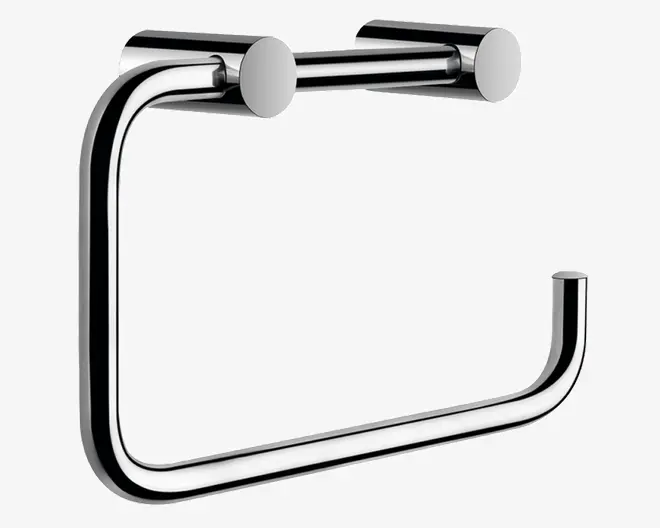 En vægmonteret holder lavet af poleret krommetal med et moderne, minimalistisk design. Den har en vandret stang med en ret vinkel og en åben ende, så det er nemt at sætte på og tage af. Monteringsbeslaget består af to runde, flade vægplader for sikker fastgørelse.