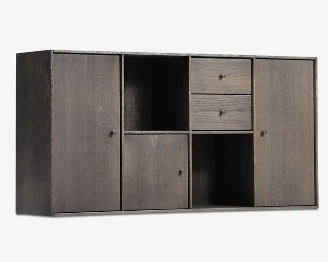 Reolopstilling med døre og skuffer røget eg