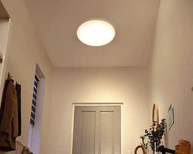 Et rund LED-lysarmatur monteret i loftet med en glat, hvid diffuser, der giver jævn og blød belysning. Armaturet er fladt mod loftet og skaber et moderne og minimalistisk udtryk. Velegnet til gange eller entréer, det tilbyder energieffektiv belysning og passer diskret ind i rum med neutrale vægge.