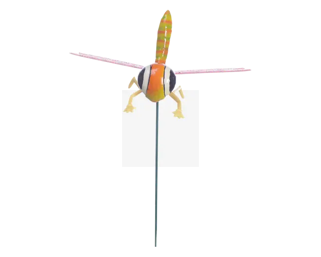 Dekorativt havepynt formet som en guldsmed, med en farverig krop i orange, gul og sorte striber, gennemsigtige vinger med et lyserødt skær og en lang metalpind til nem placering i jorden. Guldsmedens ben er stiliserede og malet i en lys gul farve.