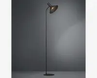 Høj, slank gulvlampe med mat sort finish, der har en rund, flad fod for stabilitet og en tynd stang, som bøjer i toppen for at holde en bred, konisk lampeskærm. Lampeskærmen er også mat sort og leder lyset nedad, hvilket giver en fokuseret belysning. Designet er minimalistisk og moderne, velegnet til nutidige indretninger.