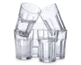 Sæt med seks klare glas med facetslebet design og tykke, solide bunde. Glassene har en let konisk form og lodrette riller langs siderne, hvilket giver et godt greb. To af glassene er stablet skråt ned i de andre, hvilket viser, at de er stabelbare og nemme at opbevare.