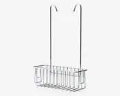 Metalstativ med kromfinish og to lange, buede kroge til ophængning over en dør eller bruser. Stativet har en rektangulær kurv med åben trådkonstruktion, som tillader vand at løbe igennem og giver god luftcirkulation. Kurven er dyb nok til sikkert at opbevare flasker eller toiletartikler, og krogene er robuste for stabil ophængning.