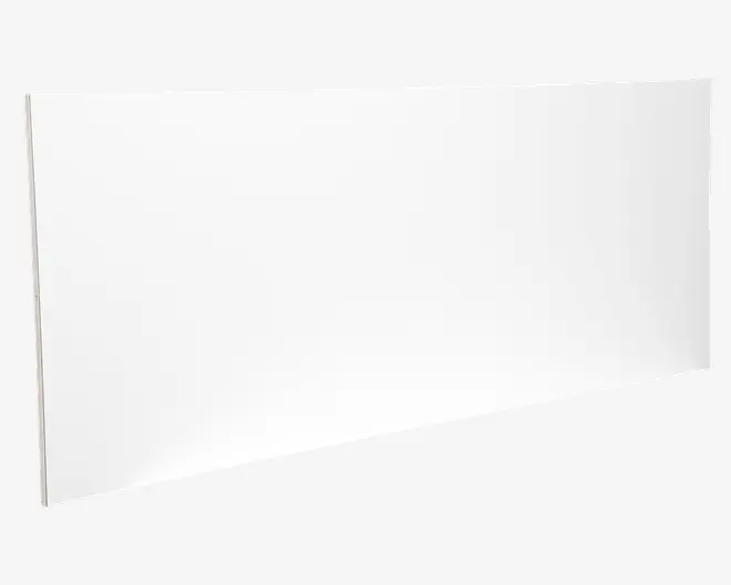 Rektangulær, flad, hvid plade med en glat, blank overflade og rene, lige kanter. Pladen ser tynd og let ud, velegnet som skillevæg, afdækning eller bagbeklædning. Ingen synlige beslag, mønstre eller teksturer.