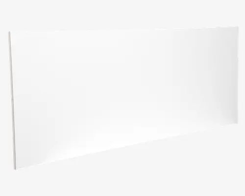 Rektangulær, flad, hvid plade med en glat, blank overflade og rene, lige kanter. Pladen ser tynd og let ud, velegnet som skillevæg, afdækning eller bagbeklædning. Ingen synlige beslag, mønstre eller teksturer.