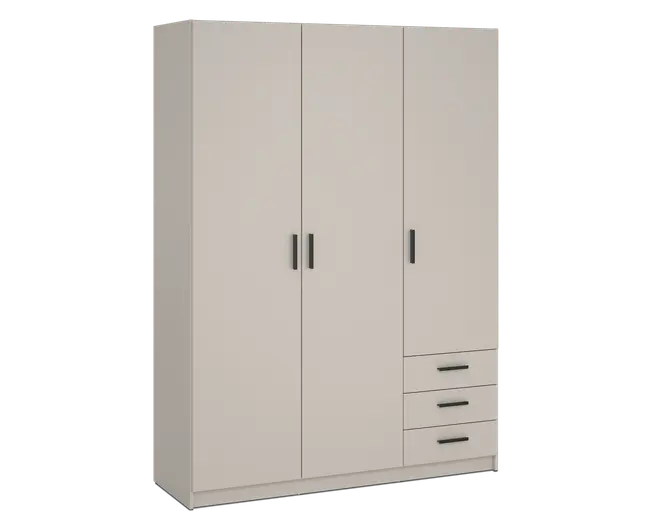 Et moderne, fritstående garderobeskab med mat beige finish. Skabet har tre høje låger med slanke sorte greb samt tre rummelige skuffer nederst til højre, også med sorte greb. Designet er minimalistisk og funktionelt, velegnet til forskellige soveværelsesstile.
