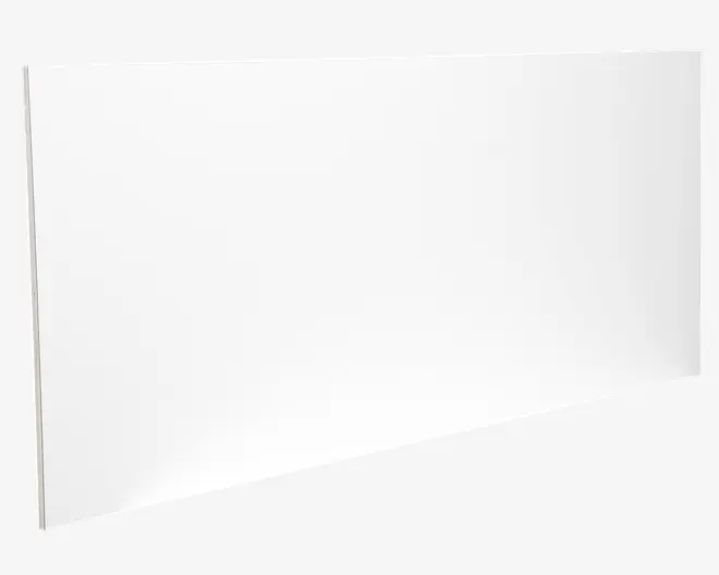 Rektangulært, rammeløst hvidt panel med en glat, blank overflade og rene, lige kanter. Panelet virker tyndt og let, egnet til montering på en væg. Ingen synlige mærker, teksturer eller beslag på forsiden.