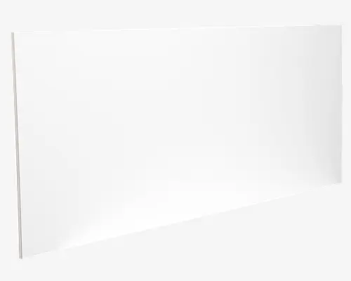 Rektangulært, rammeløst hvidt panel med en glat, blank overflade og rene, lige kanter. Panelet virker tyndt og let, egnet til montering på en væg. Ingen synlige mærker, teksturer eller beslag på forsiden.