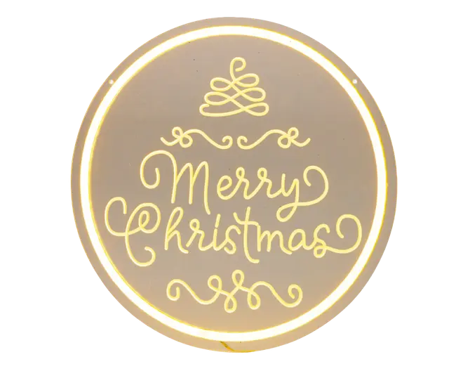 Et rundt dekorativt skilt med en varm hvid LED-lyskant. I midten står teksten 'Merry Christmas' i elegant, kursiv skrift med dekorative krøller over og under teksten. Øverst er der et simpelt linjedesign, der ligner et stiliseret juletræ. Udtrykket er festligt og moderne, velegnet til juleudsmykning.
