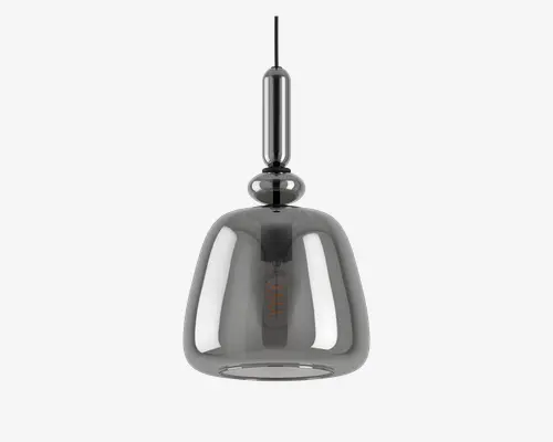 Loftlampe med en blank, røggrå glasskærm i en rund, klokkeformet udformning. Skærmen er semitransparent, så man kan ane pæren indeni. Lampen hænger i en sort ledning og har en stilren, metallisk detalje over skærmen, hvilket giver et moderne og elegant udtryk.
