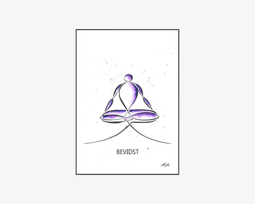 Minimalistisk stregtegning, der viser en stiliseret figur i en siddende meditationsstilling, med lilla akvarel-detaljer på kroppen og benene. Baggrunden er hvid med diskrete lilla stænk, og ordet 'BEVIDST' står under figuren. Designet udstråler ro og bevidsthed.