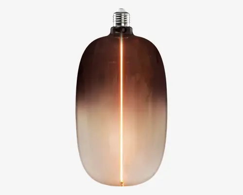 Aflang dekorativ pære med glas i en røget brun-til-mat gradient og en lysende lodret glødetråd i midten.