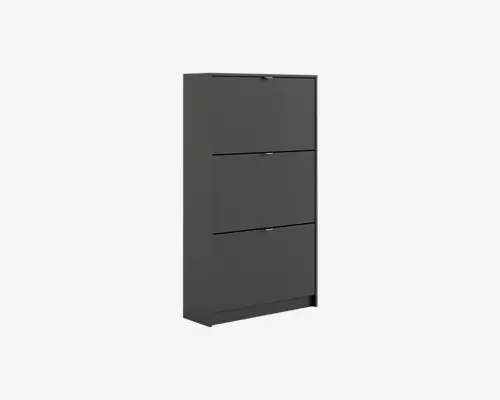 Høj, rektangulær opbevaringsenhed med mat sort finish. Har tre frontvendte rum, hver med et smalt, vandret håndtag øverst for nem åbning. Designet er minimalistisk og moderne med rene linjer og en flad base for stabilitet.