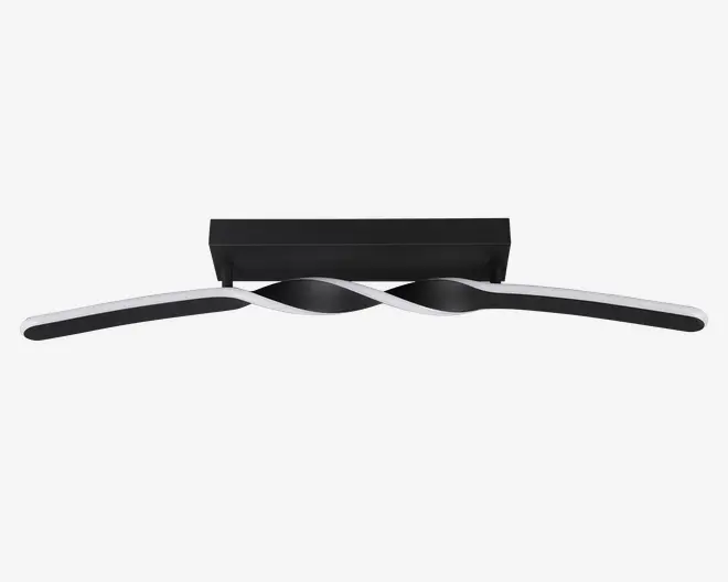 Moderne vægmonteret lampe med en slank, rektangulær sort base og en karakteristisk bølgeformet LED-lysbar. Lysbaren har en mat sort underside og en hvid diffuser på toppen, hvilket skaber en stilfuld kontrast og sikrer jævn lysfordeling. Designet er minimalistisk og moderne, velegnet til accent- eller arbejdsbelysning i forskellige indretninger.