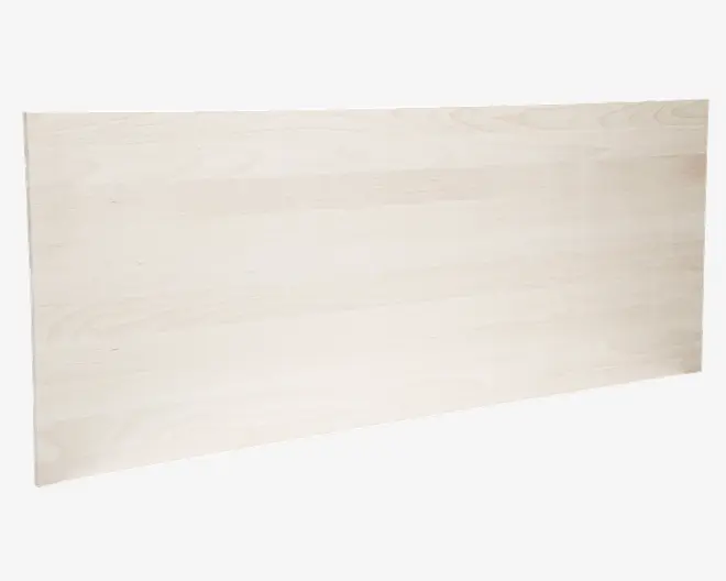 Rektangulær, flad træplade med en glat, lys birkefinish. Overfladen er jævn og uden dekoration, med diskrete naturlige træårer. Kanterne er lige og skarpt skåret, hvilket giver et moderne og minimalistisk udtryk.