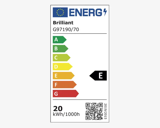 EU energimærke, der viser en energieffektivitetsklasse E og et forbrug på 20 kWh pr. 1000 timer. Mærket har en farvekodet skala fra A (grøn, mest effektiv) til G (rød, mindst effektiv), en QR-kode og produktets modelnummer G97190/70.