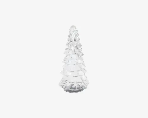 Klar glasdekoration formet som et stiliseret juletræ med lagdelte grene og runde dekorative detaljer. Overfladen er glat og reflekterende, hvilket giver en glitrende effekt. Bunden er flad for stabil placering.