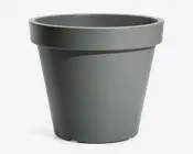 En enkel, mat beholder med cylindrisk form og bred kant øverst. Overfladen er glat, og farven er en afdæmpet grågrøn. Beholderen bliver smallere mod bunden, hvilket giver den en klassisk og funktionel form.