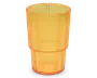 Højt drikkeglas lavet af gennemsigtigt orange materiale med lodrette riller hele vejen rundt, hvilket giver et bedre greb og et moderne udseende. Glasset har en let udvidet kant og et stabelbart design med en diskret kant midt på glasset.