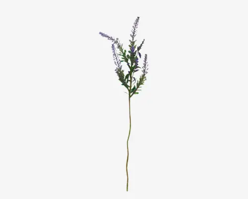 Kunstig lavendelstilk med flere smalle grønne blade og flere aflange klaser af små, lilla blomster. Stilken er lang og tynd med en realistisk tekstur og farve, velegnet til brug i blomsterarrangementer eller som dekorativt element.