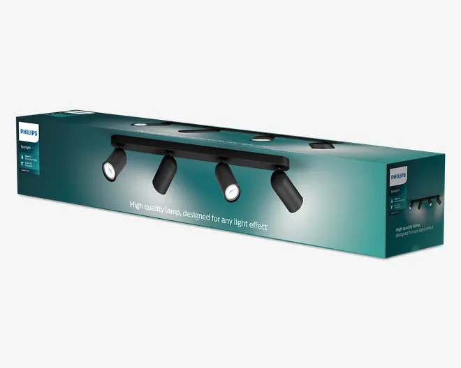 Turkis Philips-produktæske med en sort spotlampe med fire justerbare cylindriske hoveder og teksten “High quality lamp, designed for any light effect.”