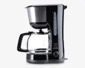 Elegant sort og rustfrit stål-apparat med en gennemsigtig glaskande, der har målemarkeringer, et solidt sort håndtag og en synlig vandstandsmåler på siden. Enheden har en enkelt tænd/sluk-knap foran og et moderne, kompakt design, der passer til køkkenbordet.