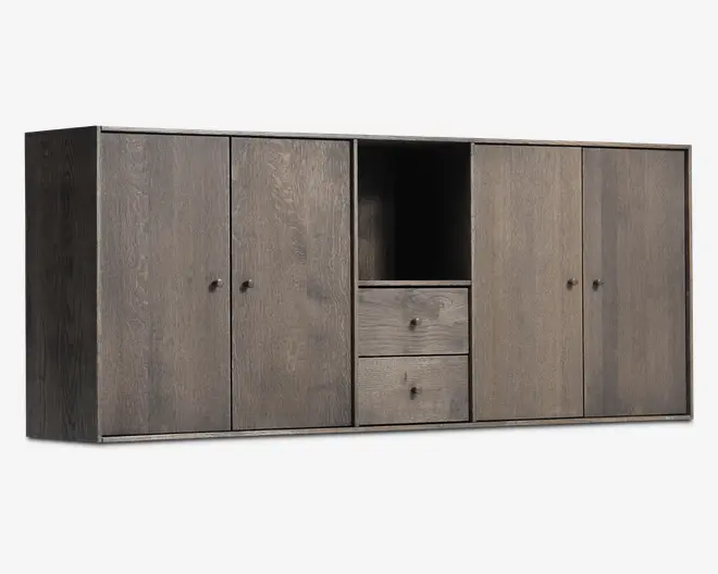 Reolopstilling med døre og skuffer røget eg