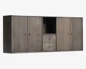 Reolopstilling med døre og skuffer røget eg