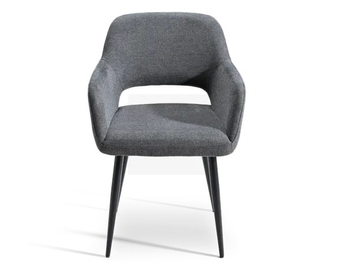 Moderne stol med buet, polstret ryglæn og armlæn, der har et åbent felt mellem ryg og sæde. Stolen er betrukket med mørkegråt tekstil med struktur og har fire slanke, let tilspidsede ben i sort metal. Sædet er bredt og polstret for ekstra komfort.