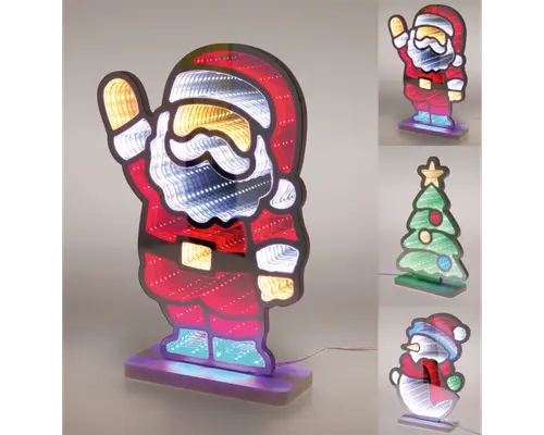 Fritstående juledekoration med 3D-illusionseffekt og klare, flerfarvede LED-lys. Hovedfiguren er en vinkende julemand med hvidt skæg, rød dragt og sort bælte, stående på en lilla fod. LED-lysene skaber en glødende, lagdelt effekt, der fremhæver detaljer som hue, støvler og handsker. Yderligere billeder viser lignende dekorationer formet som et juletræ med pynt og stjerne samt en snemand med halstørklæde og hue. Hver figur er omkranset af stærke lys og står på en solid fod, velegnet til indendørs brug.