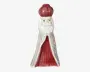 Blank keramisk figurine med hvidt skæg og rød hat, formet som en kegle med hvid krop, rød forside og små malede ansigtstræk.