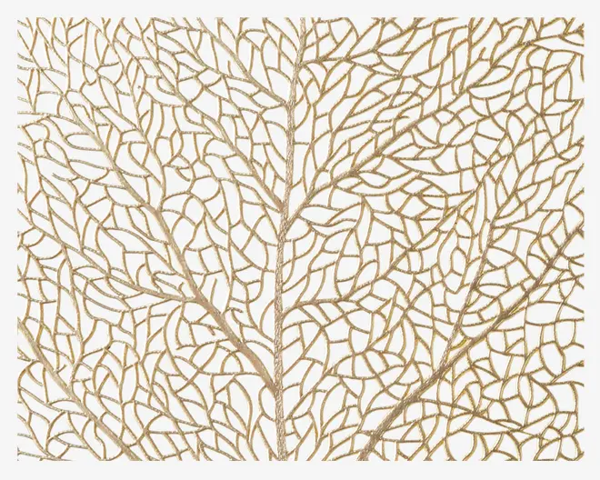 Dekorativ vægkunst med et indviklet, åbent design, der ligner fine, forgrenede koraller eller havvifte-mønstre. Værket er lavet af metal med en gylden finish, hvilket giver det et skinnende og elegant udtryk. Grenene er tynde og organiske, hvilket skaber et let og luftigt udseende, og formen er kvadratisk.