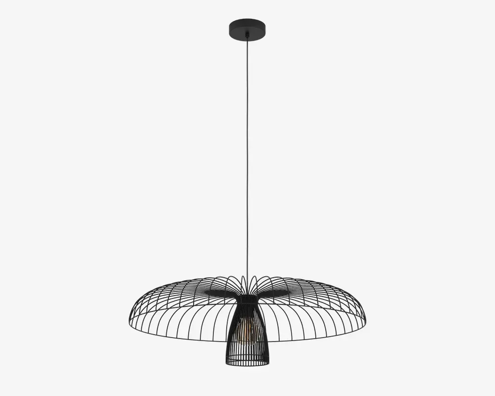 Et moderne pendellampe-armatur med en bred, kuppelformet skærm lavet af tynde, jævnt fordelte sorte metalstænger. Stængerne danner et åbent og luftigt design, der lader lyset passere igennem og kaster interessante skygger. Pæren er synlig i midten og er omgivet af et mindre, matchende sort metalbur. Lampen hænger fra en lang, lige stang, der er fastgjort til en rund loftsroset.