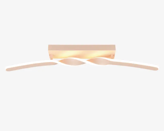 Moderne vægmonteret lampe med en slank, rektangulær base i en blød guld- eller champagnefarvet finish. Lysstangen strækker sig vandret og har et snoet, bølgeformet design, der spreder lyset jævnt. Lampen udsender et varmt, behageligt lys, ideelt til moderne indretning. Det minimalistiske udtryk og de bløde kurver gør den velegnet over spejle eller som stemningsbelysning i gange og opholdsrum.