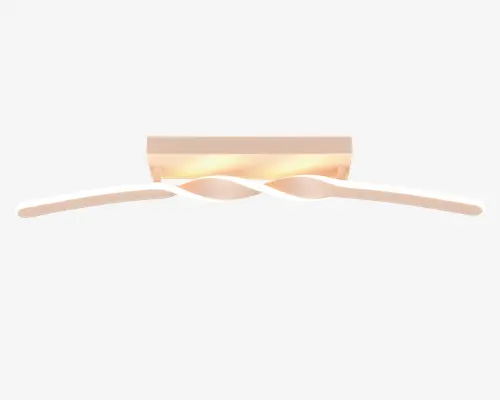 Moderne vægmonteret lampe med en slank, rektangulær base i en blød guld- eller champagnefarvet finish. Lysstangen strækker sig vandret og har et snoet, bølgeformet design, der spreder lyset jævnt. Lampen udsender et varmt, behageligt lys, ideelt til moderne indretning. Det minimalistiske udtryk og de bløde kurver gør den velegnet over spejle eller som stemningsbelysning i gange og opholdsrum.