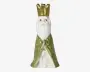 Lille glaseret figurine af en skægget konge med guldkrone, hvidt ansigt og skæg samt en blank grøn kappe over en hvid kjortel.