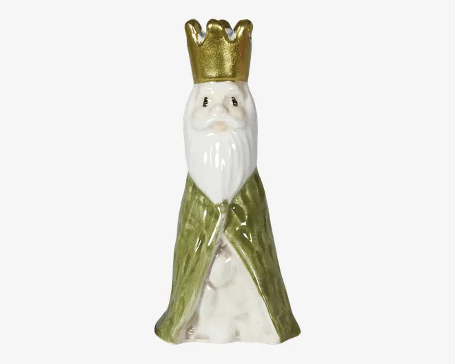 Lille glaseret figurine af en skægget konge med guldkrone, hvidt ansigt og skæg samt en blank grøn kappe over en hvid kjortel.