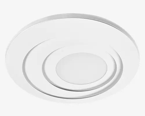 Rundt, indbygget loftarmatur med en glat, mat hvid overflade. Designet har koncentriske cirkulære forhøjninger omkring en centralt placeret, let forsænket lysdiffusor, hvilket giver et moderne og minimalistisk udtryk. Armaturet sidder tæt på loftet og er velegnet til installationer med lav loftshøjde.