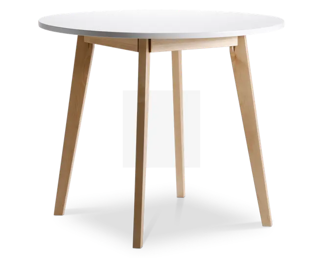 Rundt bord med en glat, hvid bordplade og fire skråtstillede ben i lyst træ. Benene er let tilspidsede og fastgjort under bordpladen med synlige træbeslag, hvilket giver bordet et moderne og minimalistisk udtryk.