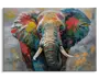 Et farverigt, abstrakt maleri, der viser hovedet af en elefant. Kunstværket bruger kraftige penselstrøg og en blanding af klare farver som orange, blå, gul, rød og grøn, hvilket skaber en dynamisk og livlig effekt. Elefantens stødtænder er markante, og baggrunden består af bløde, afdæmpede nuancer, der får den farverige elefant til at træde frem. Penselstrøgenes tekstur er synlig og giver værket dybde og bevægelse.