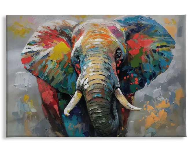 Et farverigt, abstrakt maleri, der viser hovedet af en elefant. Kunstværket bruger kraftige penselstrøg og en blanding af klare farver som orange, blå, gul, rød og grøn, hvilket skaber en dynamisk og livlig effekt. Elefantens stødtænder er markante, og baggrunden består af bløde, afdæmpede nuancer, der får den farverige elefant til at træde frem. Penselstrøgenes tekstur er synlig og giver værket dybde og bevægelse.