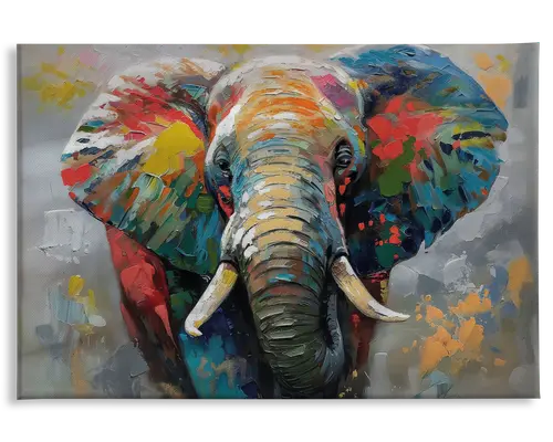 Et farverigt, abstrakt maleri, der viser hovedet af en elefant. Kunstværket bruger kraftige penselstrøg og en blanding af klare farver som orange, blå, gul, rød og grøn, hvilket skaber en dynamisk og livlig effekt. Elefantens stødtænder er markante, og baggrunden består af bløde, afdæmpede nuancer, der får den farverige elefant til at træde frem. Penselstrøgenes tekstur er synlig og giver værket dybde og bevægelse.