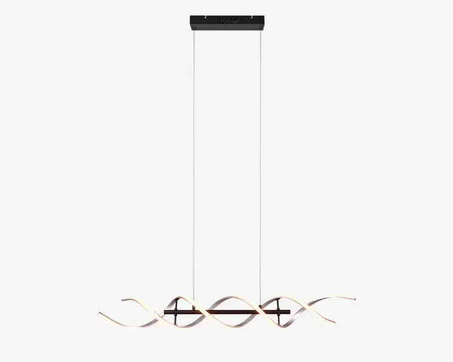 Moderne pendellampe med en slank, rektangulær loftsbase i sort og to tynde, justerbare metalstænger, der holder en skulpturel LED-lysstang. Lysstangen har et bølgeformet, snoet design, som udsender et blødt og jævnt lys langs hele længden. Lampen har et stilrent og minimalistisk udtryk, der passer godt over spiseborde eller køkkenøer.