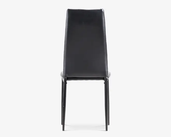 Forfra set høj sort stol med glat polstret ryglæn, slanke lige ben og et enkelt moderne design.