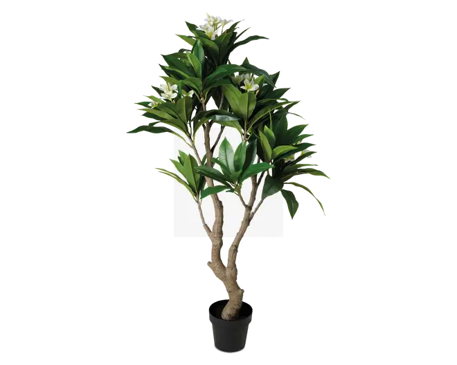 Høj kunstig plante med flere kraftige brune stammer, frodige grønne blade og klynger af små hvide blomster. Planten er placeret i en enkel sort potte, og bladene har en blank overflade, der giver et realistisk udseende. Udtrykket er fyldigt og livligt, velegnet til indendørs dekoration.