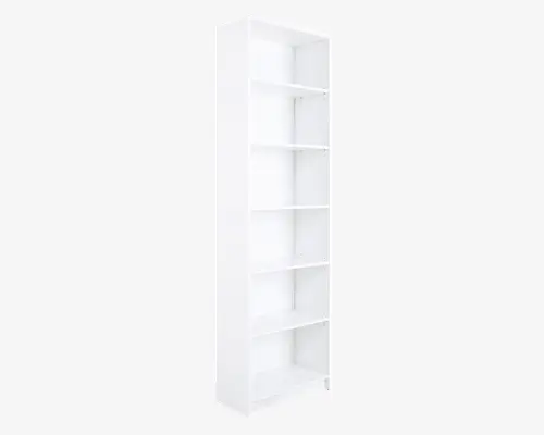 Høj, rektangulær reol med en glat, hvid overflade. Har fem jævnt fordelte hylder, der giver god lodret opbevaringsplads. Designet er minimalistisk med rene linjer, velegnet til moderne indretning. Hylderne ser ud til at være justerbare, så hyldehøjden kan tilpasses.