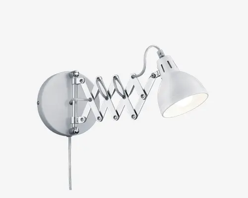 Væghængt lampe med rund base og justerbar, harmonika-lignende arm i metal. Lampeskærmen er konisk med ventilationsåbninger nær toppen og har en glat, mat overflade. Armen gør det muligt at trække lampen ud eller skubbe den tættere på væggen for fleksibel placering. Lampen har en træksnor til nem tænd/sluk-funktion.