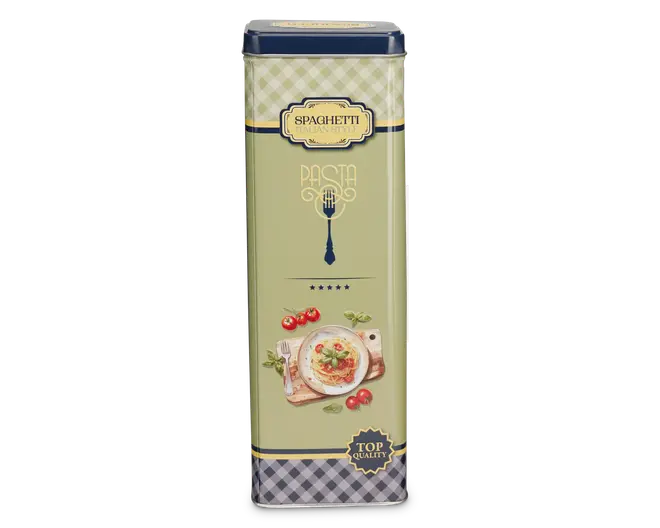 Høj, rektangulær dåsebeholder med ternet mønster øverst og nederst, og en lysegrøn krop. Forsiden har dekorativ tekst og grafik, herunder et vintage-inspireret mærke, en blå gaffelillustration og et billede af en tallerken spaghetti med tomatsauce, basilikum og cherrytomater. Beholderen er mærket med 'Top Quality' og har et klassisk, italiensk-inspireret design.